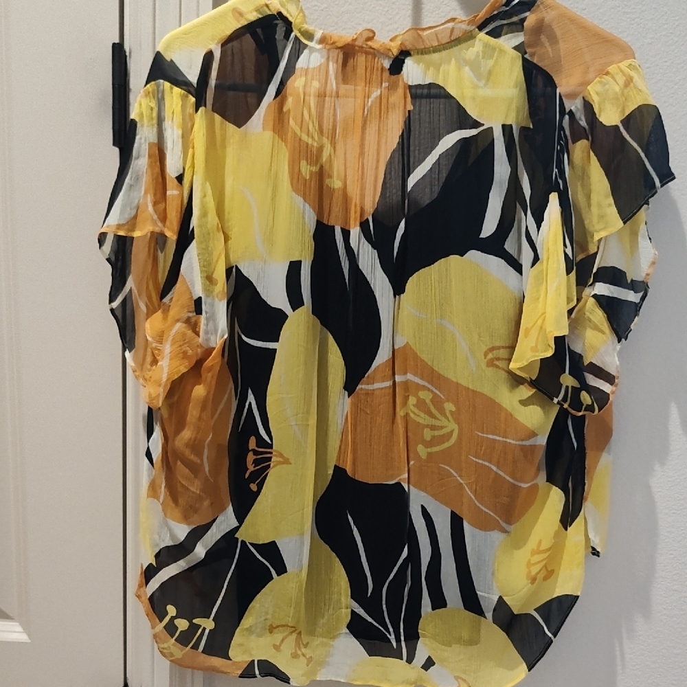 The Kooples Yellow & Black Floral Tie-Neck Blouse - Picture 3 of 4